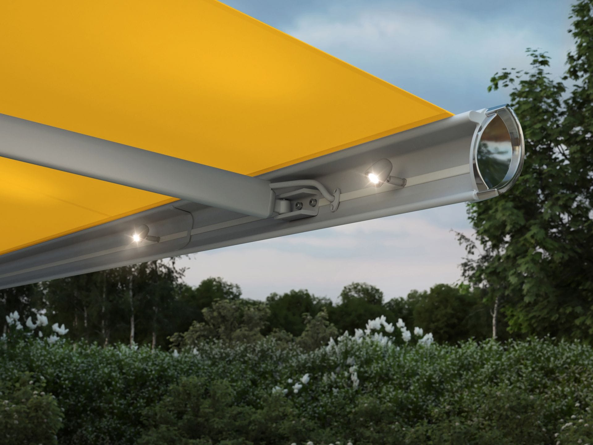 markilux-mx-6000-in-gray-with-orange-cloth-and-spots-in-the-front-profile-over-a-terrace